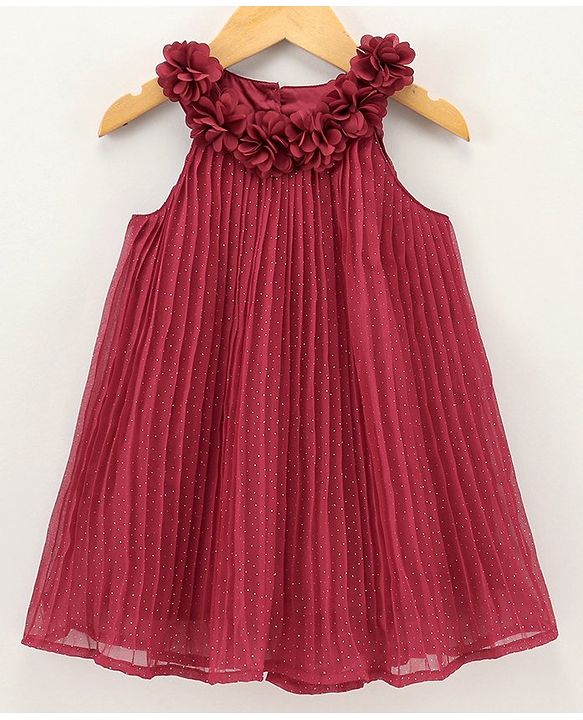 Babyhug Sleeveless Pleated Party Wear Frock with Corsage - Red