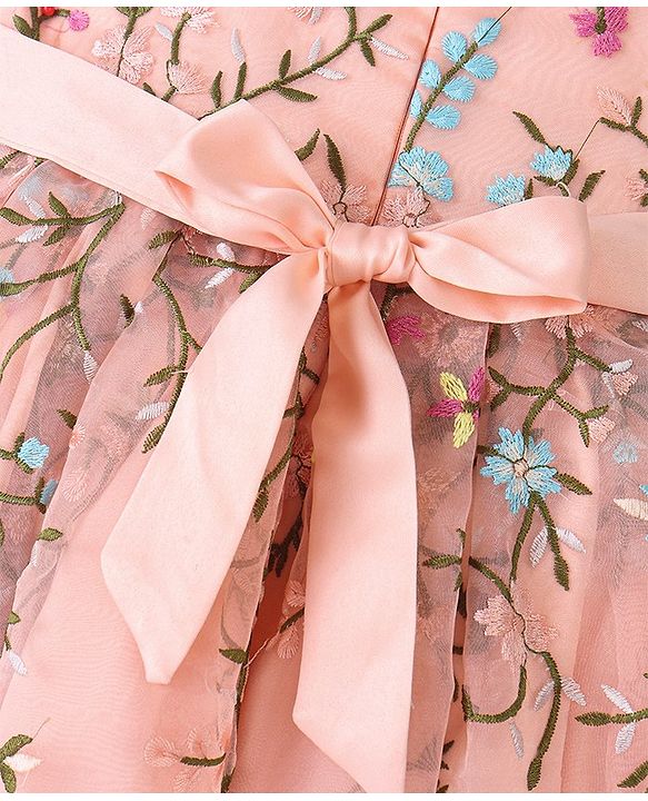 Babyhug Sleeveless Floral Embroidery Party Frock - Peach