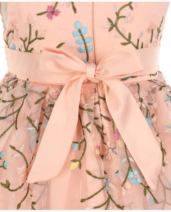 Babyhug Sleeveless Floral Embroidery Party Frock - Peach