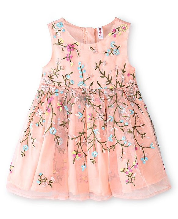 Babyhug Sleeveless Floral Embroidery Party Frock - Peach