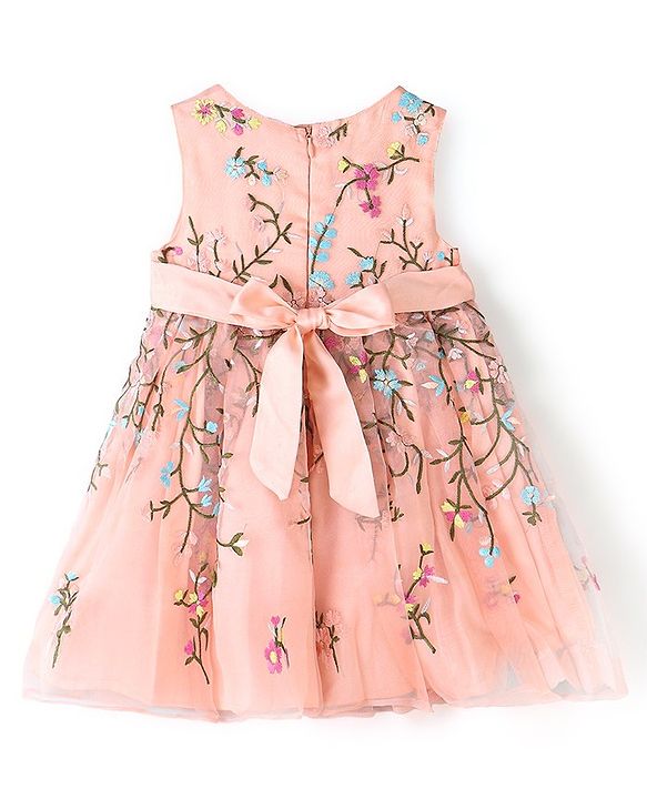 Babyhug Sleeveless Floral Embroidery Party Frock - Peach