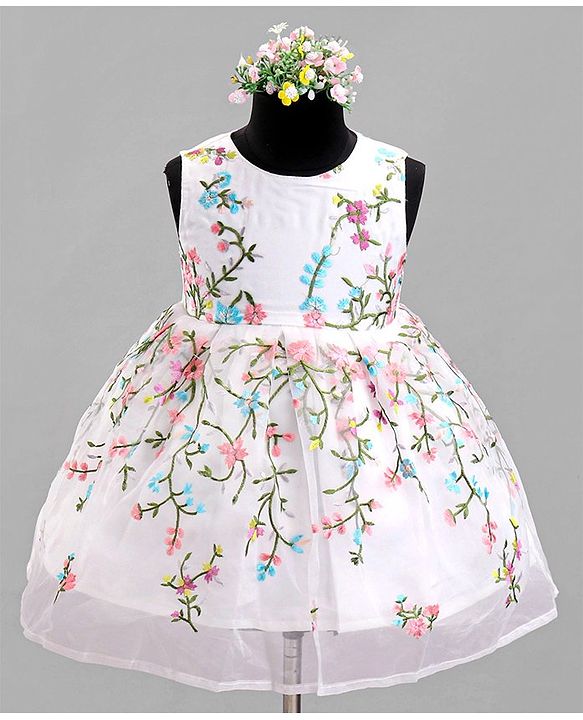 Babyhug Sleeveless Floral Embroidered Party Frock - Offwhite