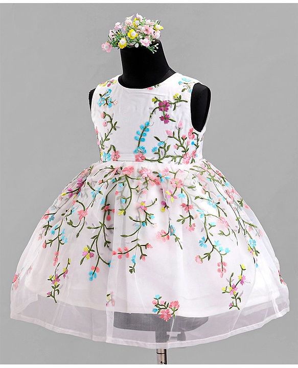 Babyhug Sleeveless Floral Embroidered Party Frock - Offwhite