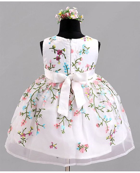 Babyhug Sleeveless Floral Embroidered Party Frock - Offwhite