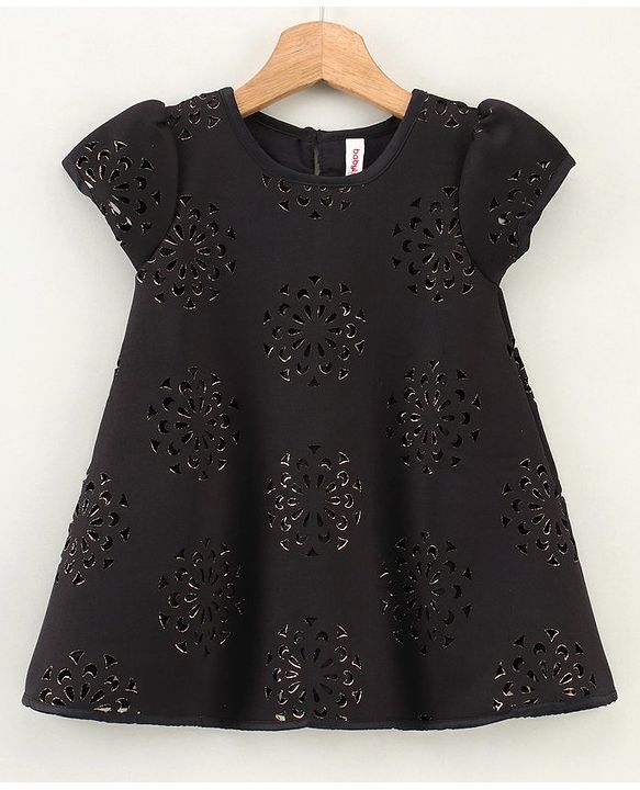 Babyhug Cap Sleeves Partywear Frock with Floral Laser Cutout Design - Black