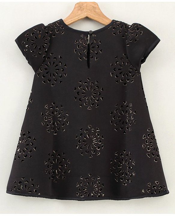 Babyhug Cap Sleeves Partywear Frock with Floral Laser Cutout Design - Black