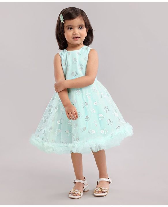 Babyhug Sleeveless Party Wear Frock with Corsage & Foil Print - Mint