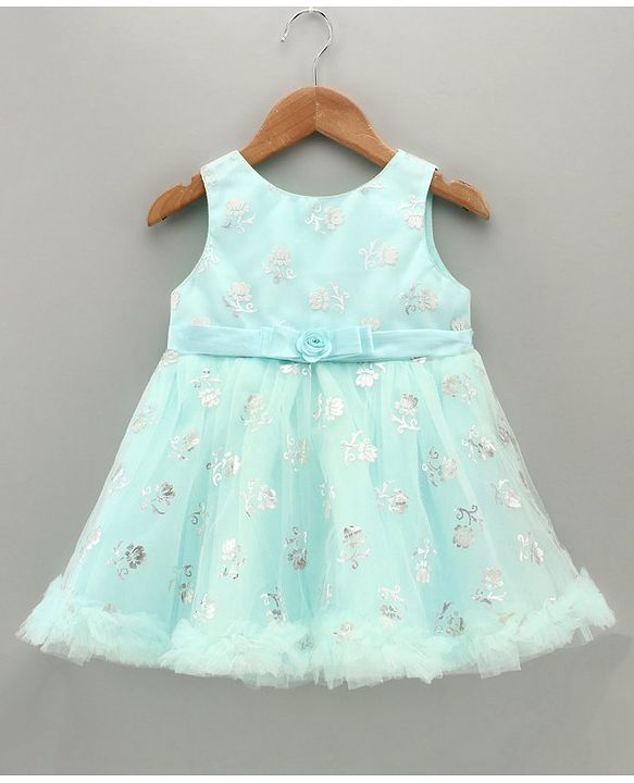 Babyhug Sleeveless Party Wear Frock with Corsage & Foil Print - Mint