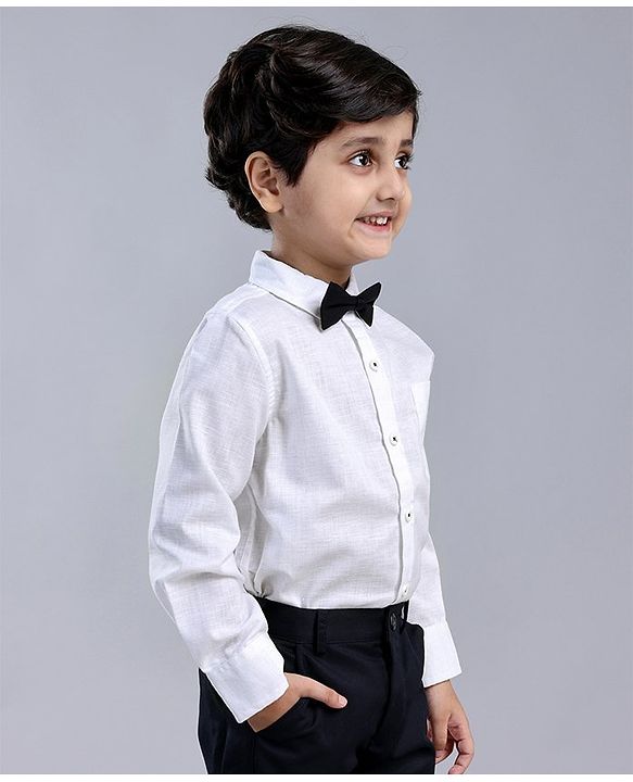 Babyhug Cotton Woven Full Sleeves Solid Shirt With Attached Bow  - White