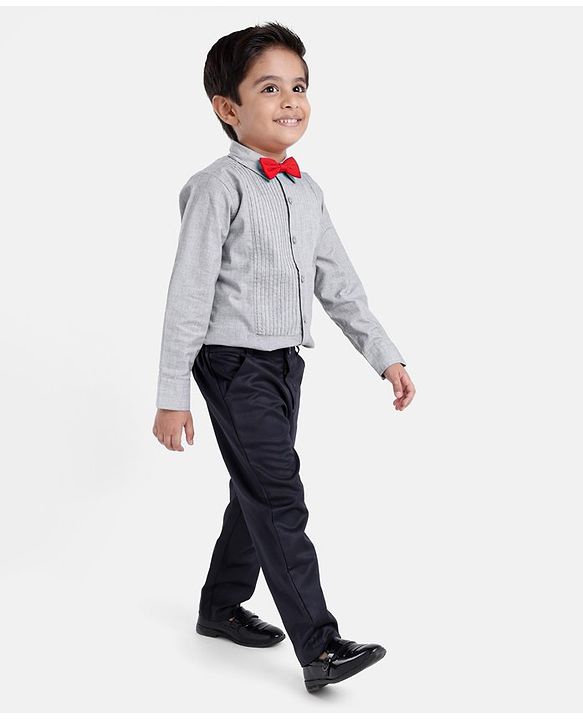 Babyhug Full Sleeves Striped Shirt & Trouser With Bow - Grey & Navy
