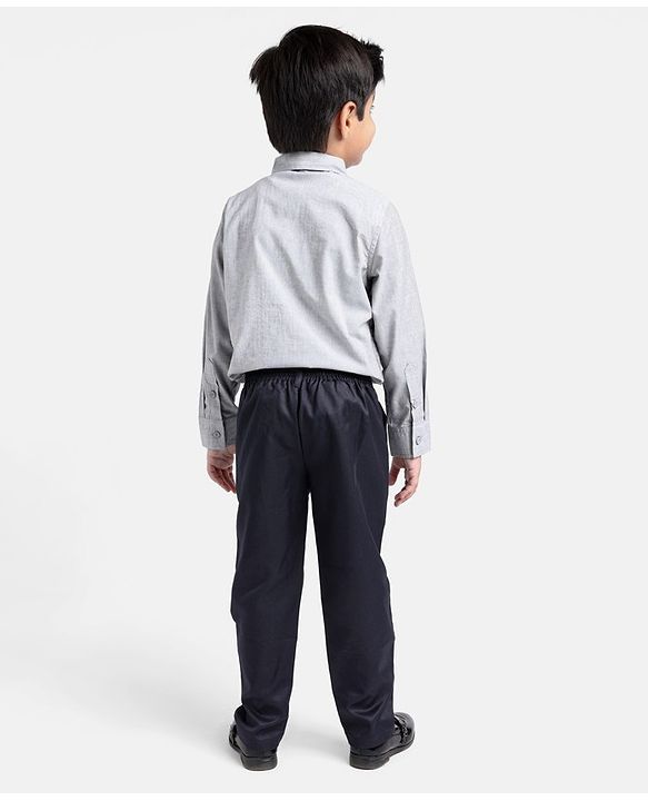 Babyhug Full Sleeves Striped Shirt & Trouser With Bow - Grey & Navy
