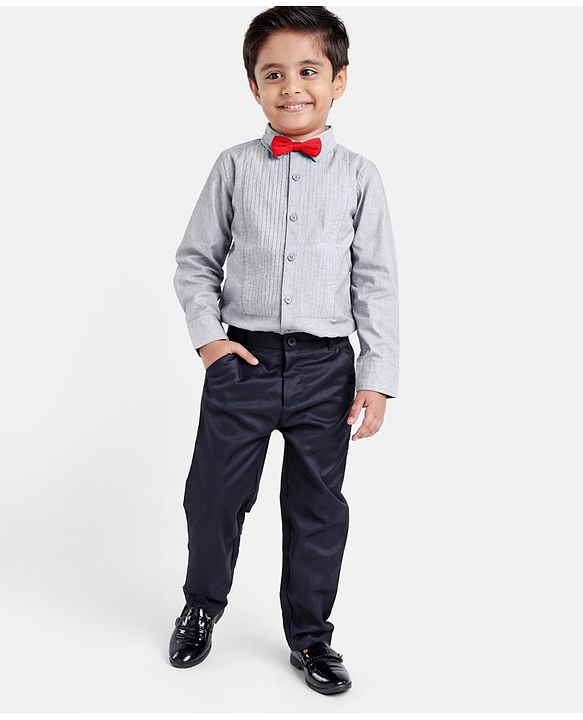 Babyhug Full Sleeves Striped Shirt & Trouser With Bow - Grey & Navy