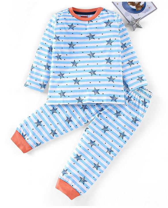 Babyhug Full Sleeves Night Suit Stripes & Star Print - White