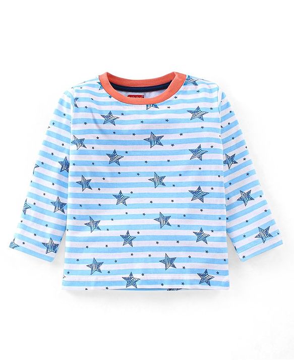 Babyhug Full Sleeves Night Suit Stripes & Star Print - White