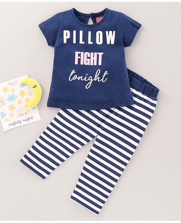 Babyhug Cotton Half Sleeves Night Suit Text Print - Blue