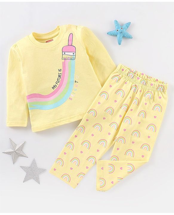 Babyhug Cotton Knit Full Sleeves Night Suit Rainbow Print - Yellow