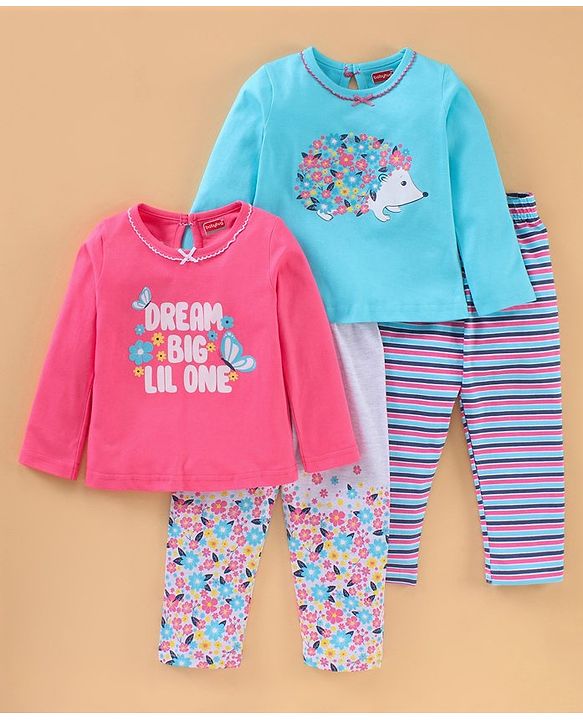 Babyhug Cotton Knit Full Sleeves Text Print Night Suit Pack of 2 - Multicolour