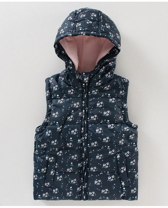 Babyhug Sleeveless Hooded Jacket Floral Print- Navy Blue