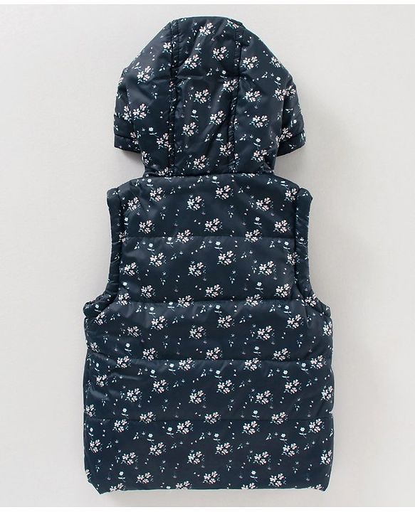 Babyhug Sleeveless Hooded Jacket Floral Print- Navy Blue