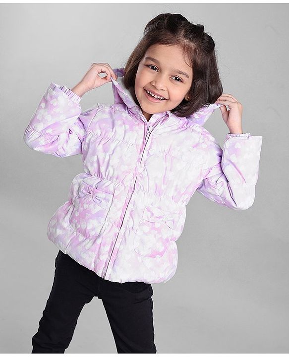Babyhug Full Sleeves Hooded Padded Winter Jacket Hearts Print - Purple