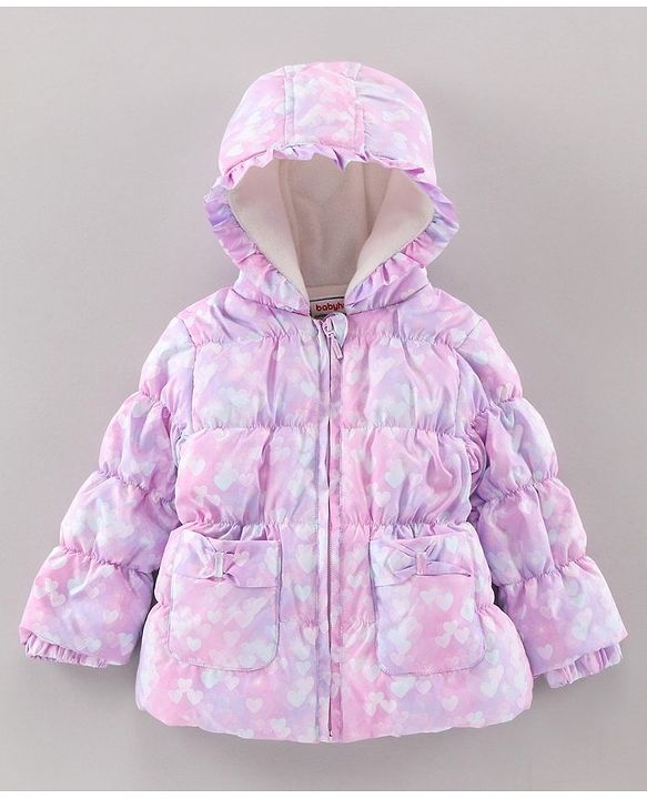 Babyhug Full Sleeves Hooded Padded Winter Jacket Hearts Print - Purple