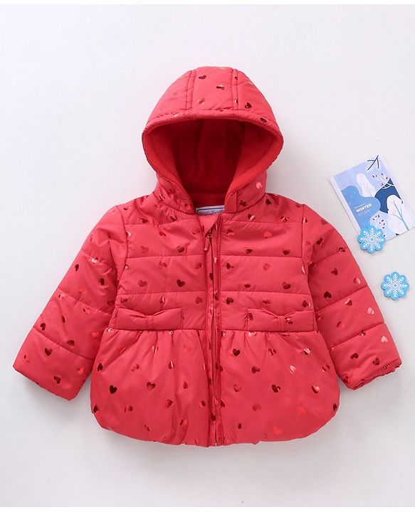 Babyhug Full Sleeves Hooded Padded Jacket Glitter Heart Print - Red