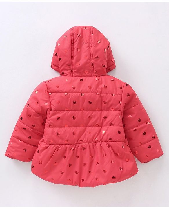 Babyhug Full Sleeves Hooded Padded Jacket Glitter Heart Print - Red