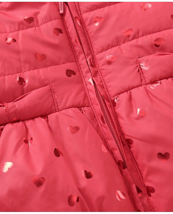 Babyhug Full Sleeves Hooded Padded Jacket Glitter Heart Print - Red