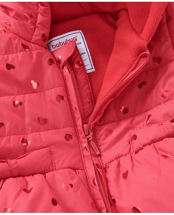 Babyhug Full Sleeves Hooded Padded Jacket Glitter Heart Print - Red