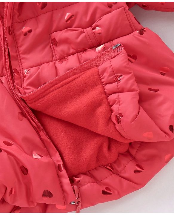 Babyhug Full Sleeves Hooded Padded Jacket Glitter Heart Print - Red