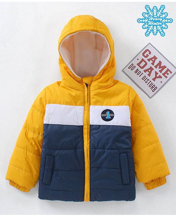 Babyhug Full Sleeves Color Block Hooded Fashion Heavy Winter Jacket - Yellow Navy Blue