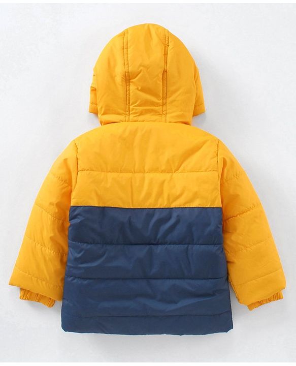 Babyhug Full Sleeves Color Block Hooded Fashion Heavy Winter Jacket - Yellow Navy Blue