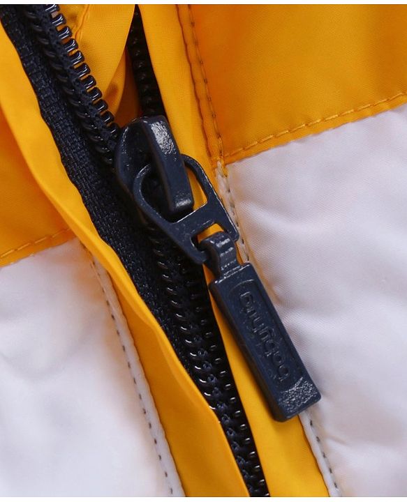 Babyhug Full Sleeves Color Block Hooded Fashion Heavy Winter Jacket - Yellow Navy Blue