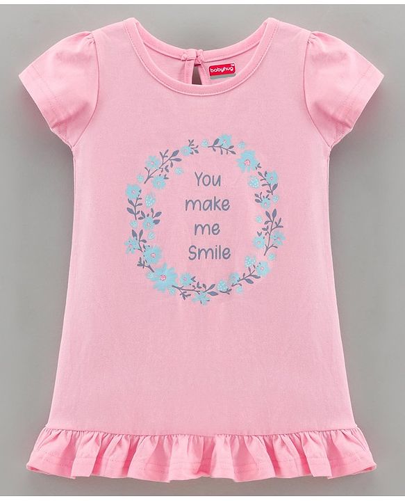 Babyhug Cap Sleeves Cotton Mid Thigh Length Nighty Text Print- Pink