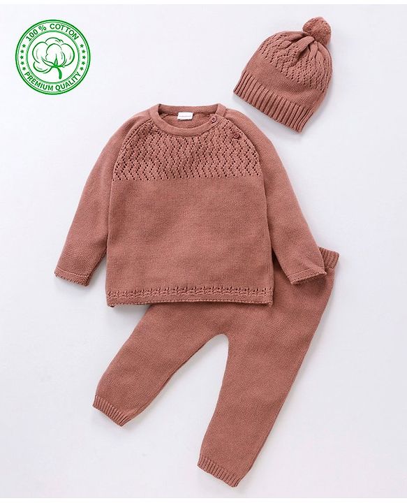 Babyhug 100% Organic Cotton Full Sleeves Sweater & Lounge Pant With Cap Solid Colour- Brown