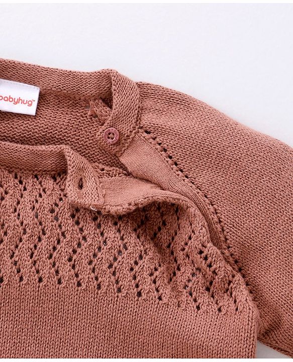 Babyhug 100% Organic Cotton Full Sleeves Sweater & Lounge Pant With Cap Solid Colour- Brown
