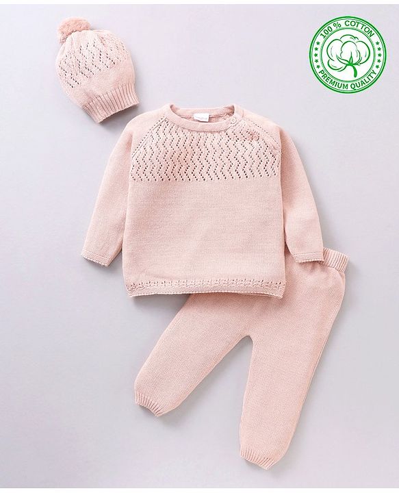 Babyhug 100% Organic Cotton Full Sleeves Baby Sweater Set With Cap Chevron Design- Peach