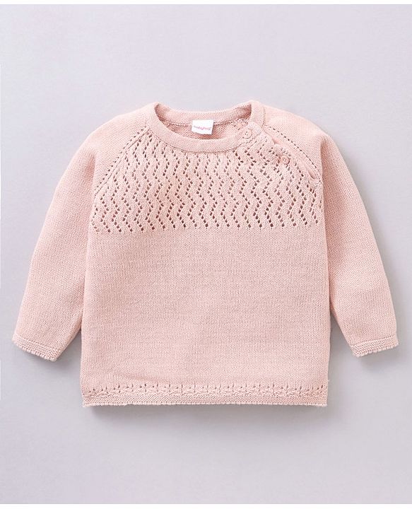 Babyhug 100% Organic Cotton Full Sleeves Baby Sweater Set With Cap Chevron Design- Peach