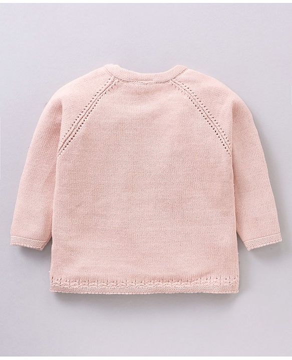 Babyhug 100% Organic Cotton Full Sleeves Baby Sweater Set With Cap Chevron Design- Peach