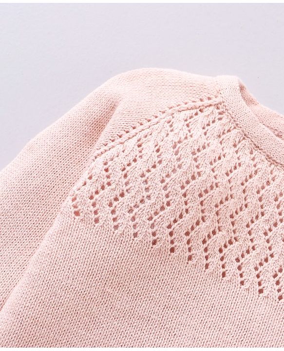 Babyhug 100% Organic Cotton Full Sleeves Baby Sweater Set With Cap Chevron Design- Peach