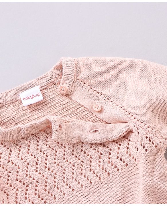 Babyhug 100% Organic Cotton Full Sleeves Baby Sweater Set With Cap Chevron Design- Peach