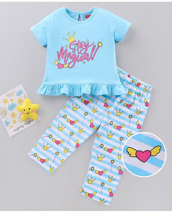 Babyhug Cotton Half Sleeves Night Suit Text Print - Blue