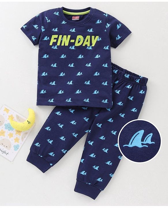 Babyhug Cotton Half Sleeves Pajama Set Fin Printed - Blue