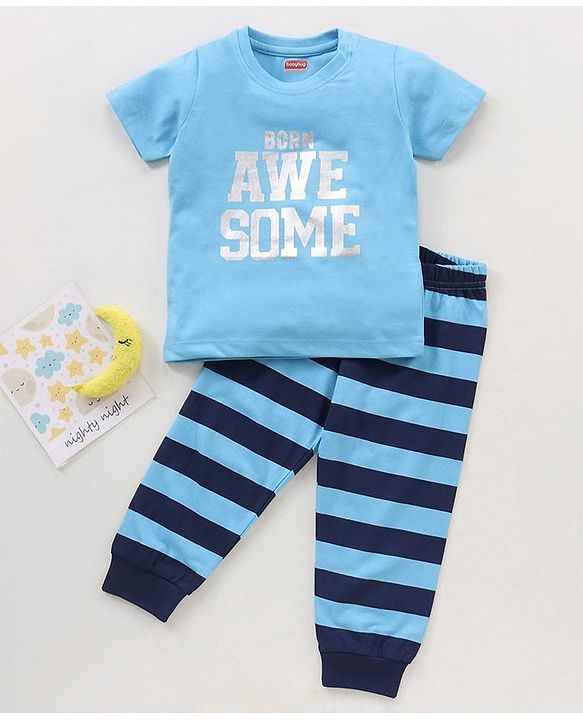 Babyhug Half Sleeves T-Shirt & Pyjama Set Text & Stripe Print - Blue