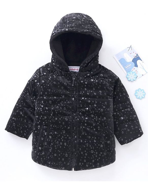 Babyhug Full Sleeves All over printed Hooded Padded Jacket - Black