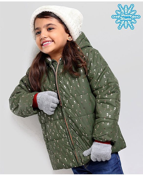 Babyhug Full Sleeves Hooded Fashion Heavy Winter Jacket Floral Print - Olive Green