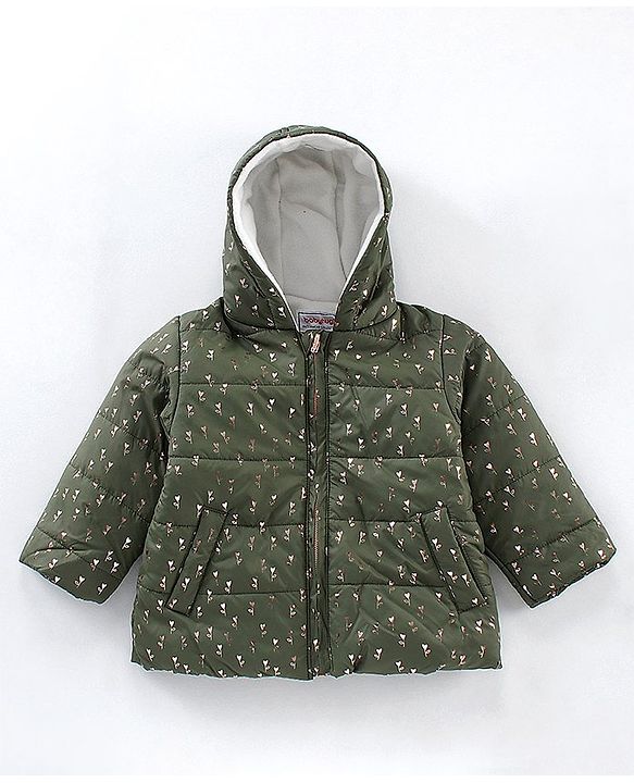 Babyhug Full Sleeves Hooded Fashion Heavy Winter Jacket Floral Print - Olive Green