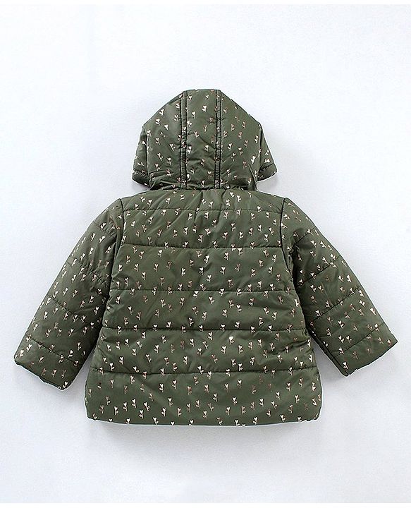Babyhug Full Sleeves Hooded Fashion Heavy Winter Jacket Floral Print - Olive Green