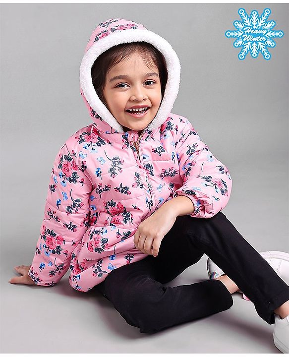 Babyhug Full Sleeves Floral Printed Hooded Jacket - Pink