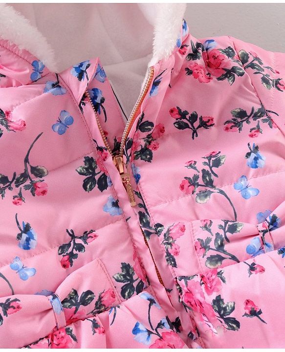Babyhug Full Sleeves Floral Printed Hooded Jacket - Pink